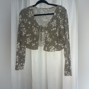 Speechless Taupe Floral Rib-Knit Tie-Front Crop Cardigan Lettuce Hem